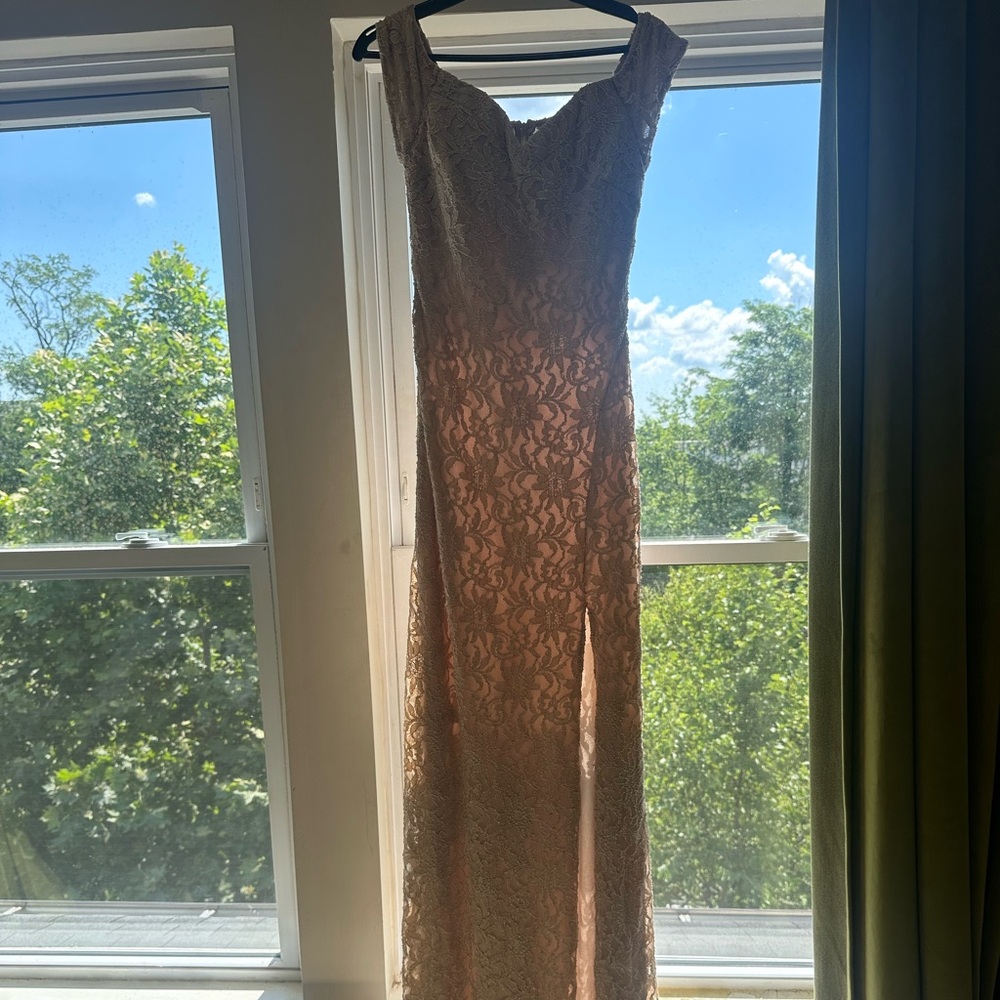 Sequin Hearts elegant beige lace Evening Gown- 9